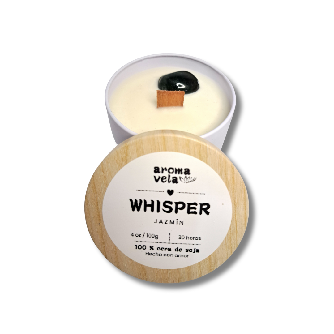 Vela aromática WHISPER de 4 oz Jazmín + Aventurina - Cera de soja NATURAL