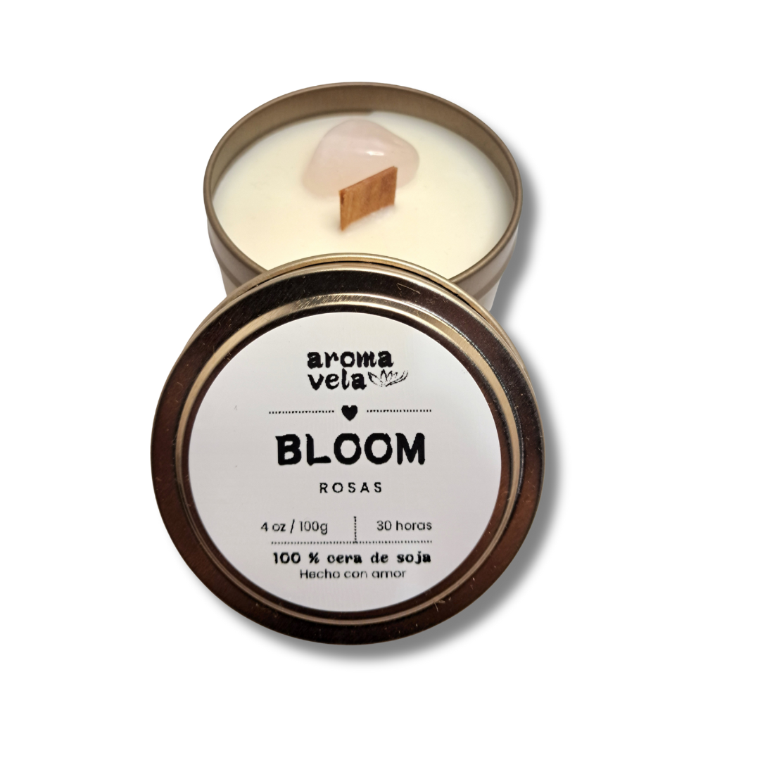 Vela aromática BLOOM 4oz Rosas + Cuarzo Rosa - Cera de soja NATURAL
