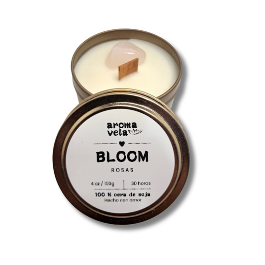 Vela aromática BLOOM 4oz Rosas + Cuarzo Rosa - Cera de soja NATURAL